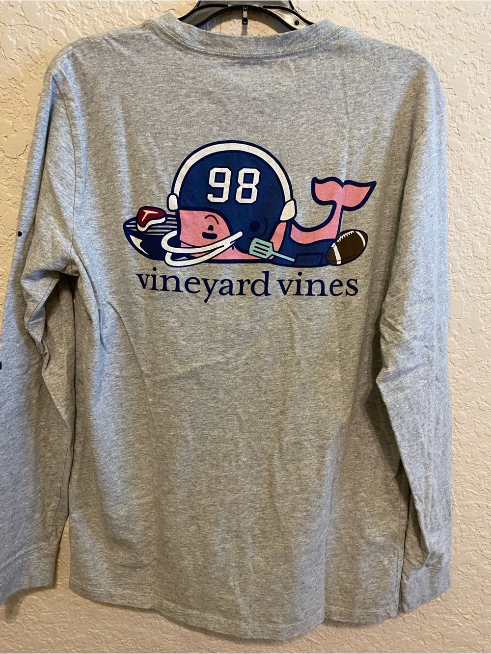 Vineyard Vines Men’s Heather Gray Long-Sleeve Pocket Tee with Navy Logo SMALL